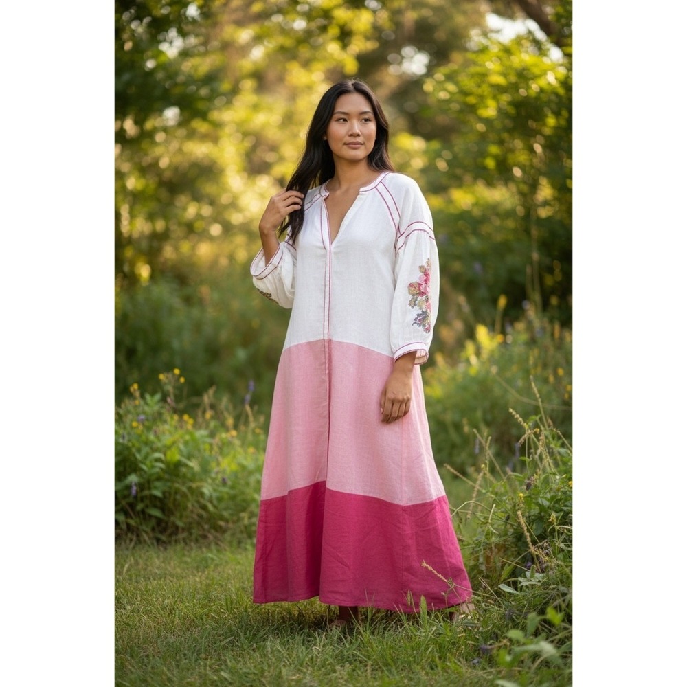 De Castro Maxi Dress Pink White Floral Embroidered Linen Lg Boho Cottagecore - Picture 8 of 10